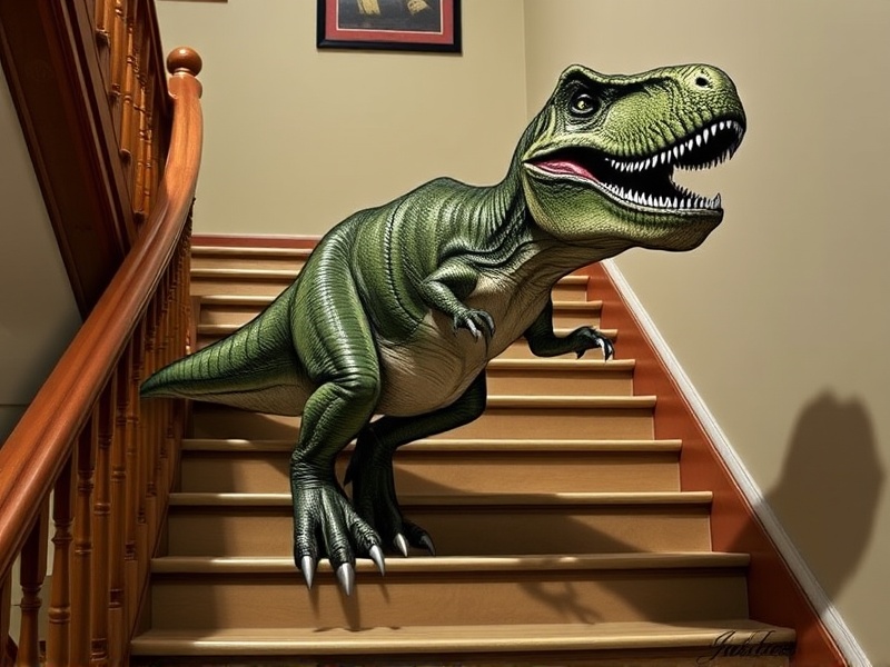 The Dinosaur's Dilemma: T-Rex on Stairs